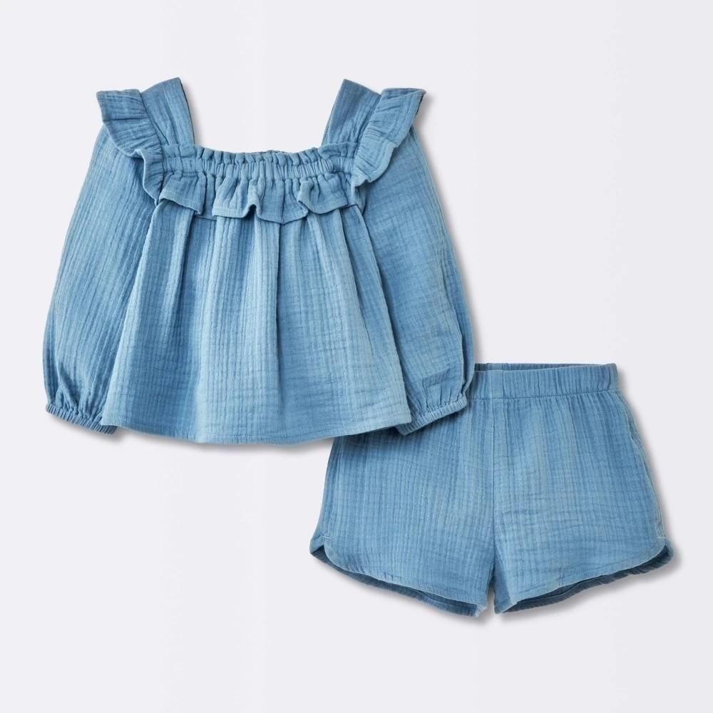 Baby Girls' 2pc Gauze Long Sleeve Top and Bloomer Set - Cloud Island™ Blue 12M
